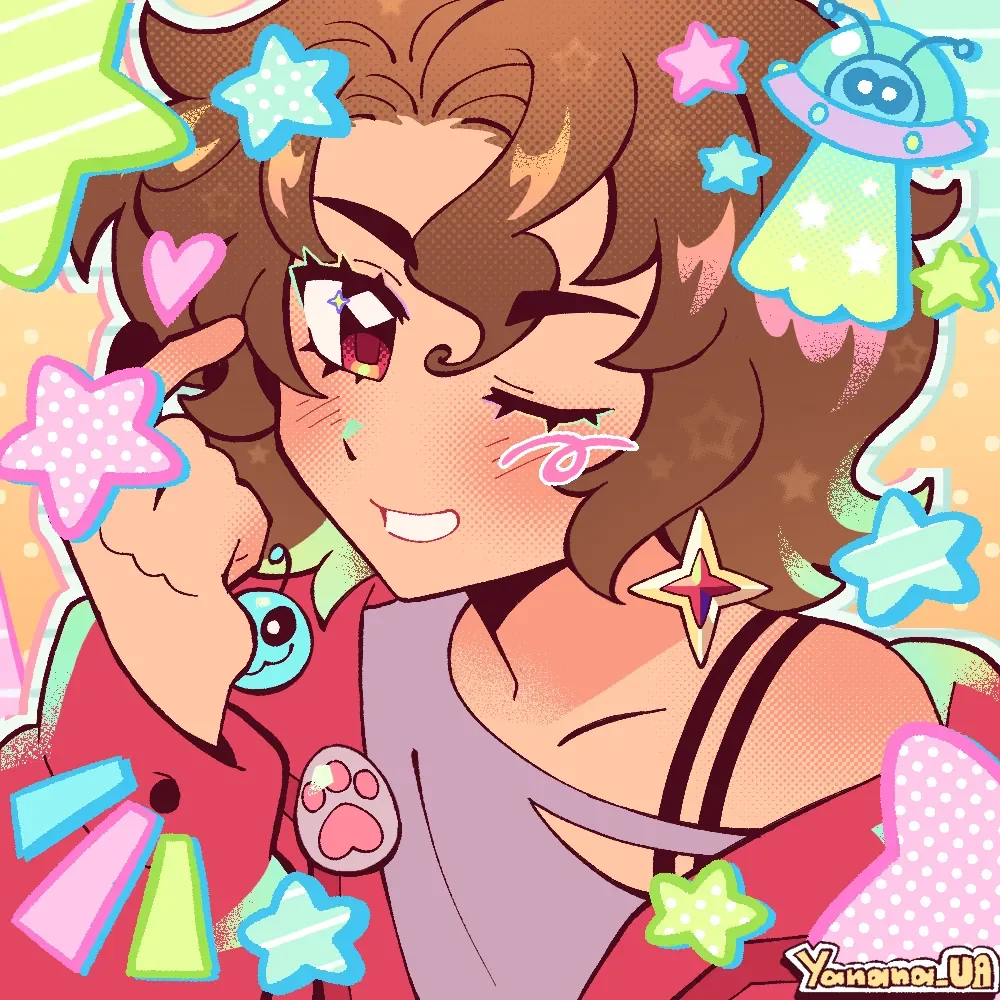 Colorful pop-art portrait of Ren with stars and signal motifs