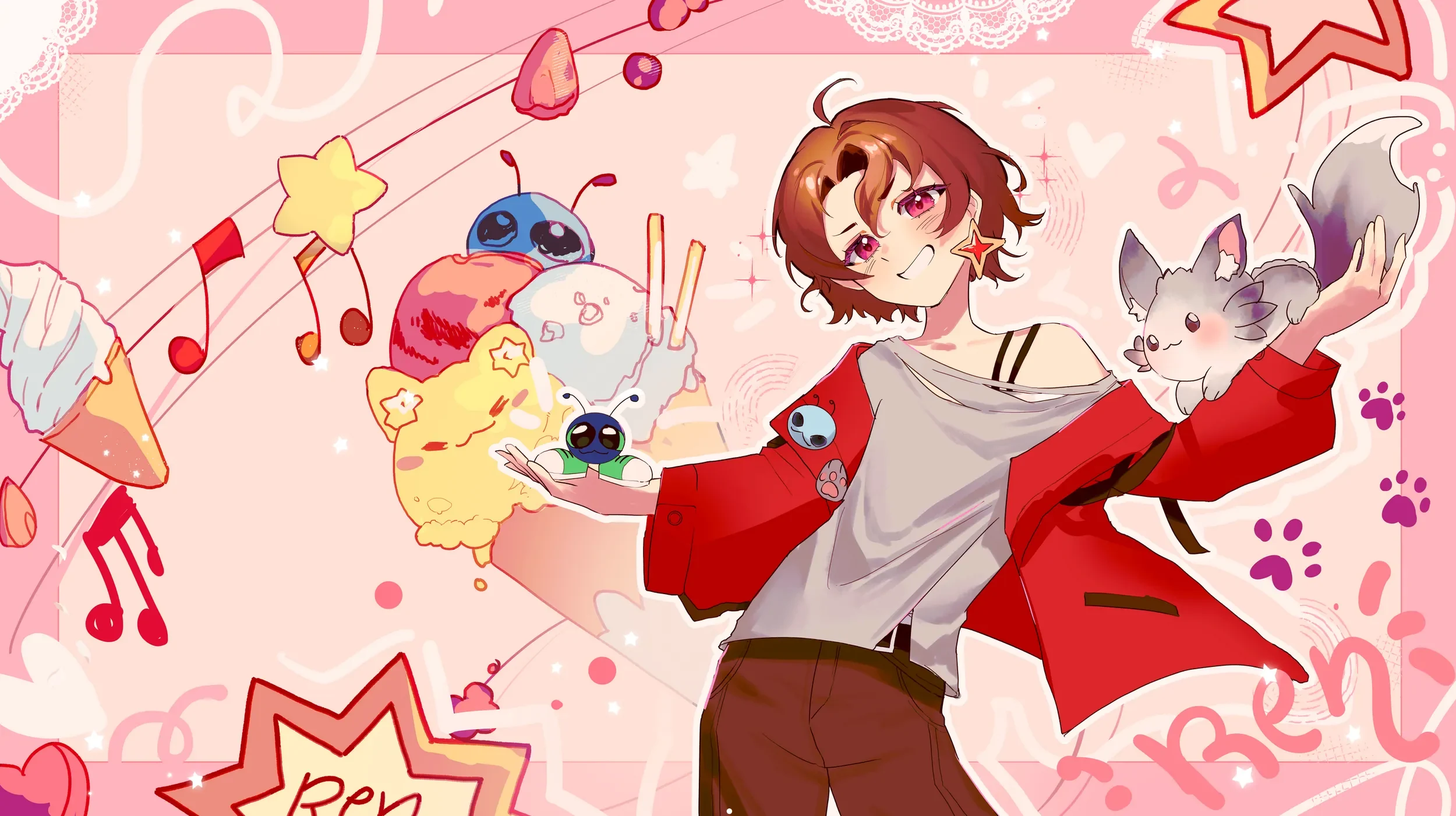 Ren surrounded by bright stars and her small companions